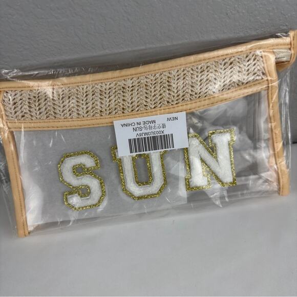 NWOT Stylish Clear Bag with Beige& Gold Cosmetic Bag SUN Summer bag - Picture 5 of 6